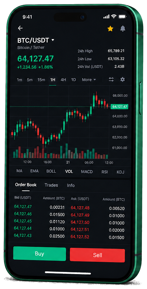 Interface mobile de trading Vaste Chainoire — prix BTC/USDT en temps réel, carnet d’ordres et outils de passage d’ordres